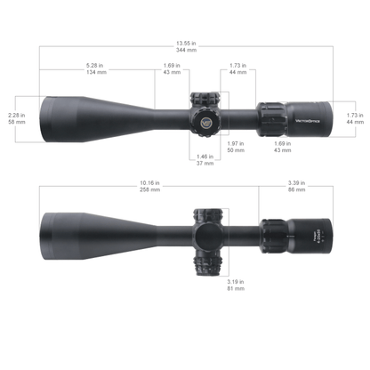 Technische Zeichnung des Vector Optics Paragon 4-20x50 SFP mit Maßangaben, zeigt kompakte Bauweise und ergonomisches Design für Waffenmontage.