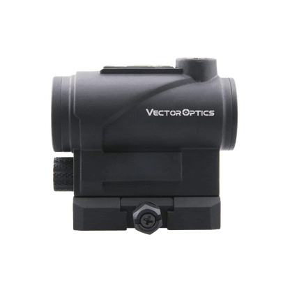 Seitenprofil des Centurion 1×20 Rotpunktvisiers mit Vector Optics Logo, ideal für taktische und sportliche Anwendungen.