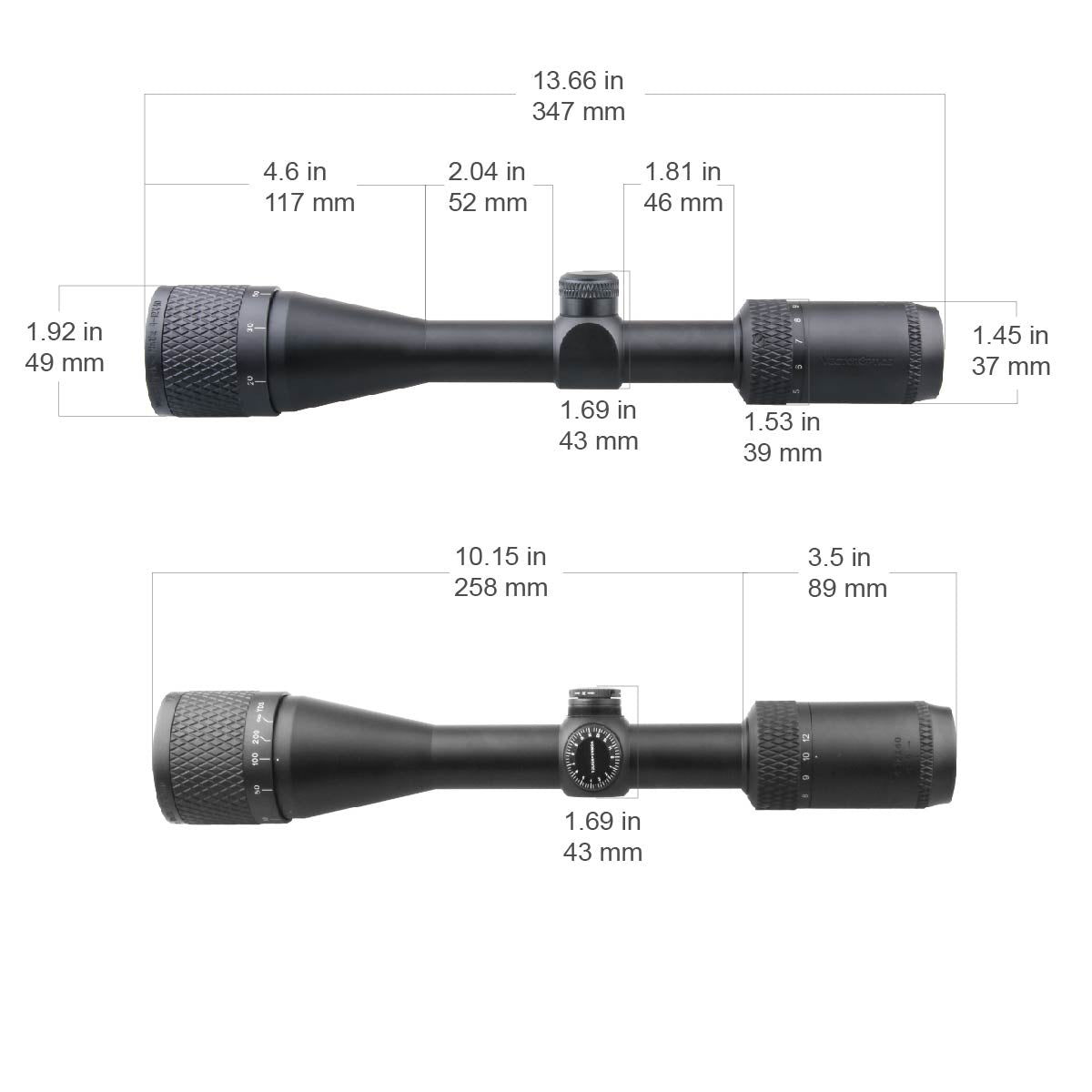 Maßzeichnung des Matiz 4-12x40 SFP Zielfernrohrs mit detaillierten Abmessungen für optimale Montageplanung.