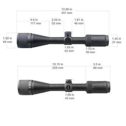 Maßzeichnung des Matiz 4-12x40 SFP Zielfernrohrs mit detaillierten Abmessungen für optimale Montageplanung.