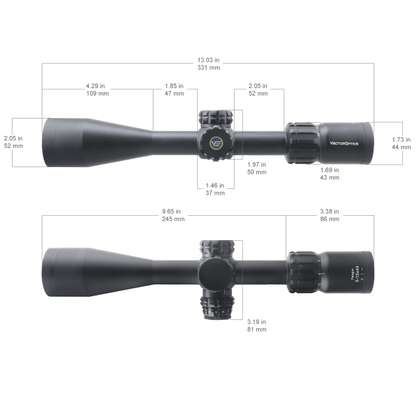 Paragon 3-15x44 SFP - technische Zeichnung mit Abmessungen des Zielfernrohrs, ideal für die Montageplanung auf Jagdwaffen.