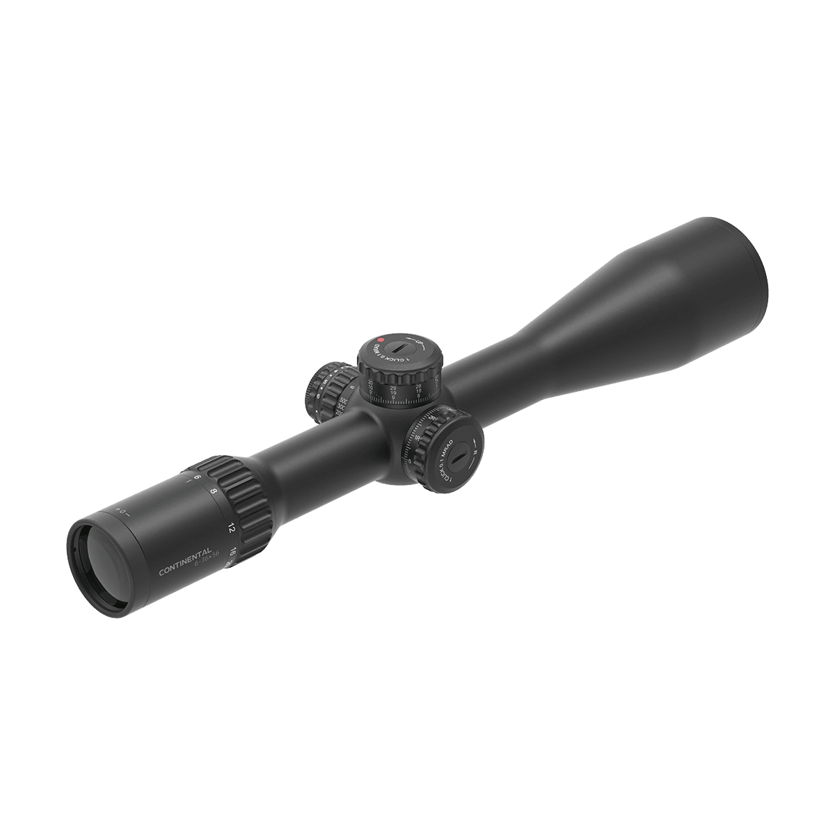 Detailansicht des PRS Zielfernrohrs Continental 6-36x56 FFP SCFF-70 mit Zoomring und Höhenverstellung für taktische Anwendungen.