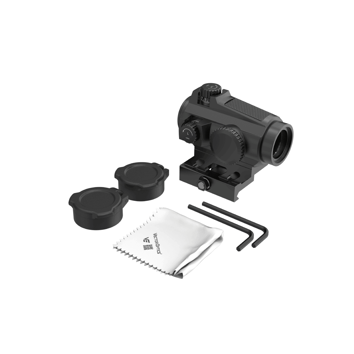 Lieferumfang des Maverick-II Plus Red Dot Sights inklusive Schutzkappen, Reinigungstuch und Werkzeug für einfache Montage und Pflege.