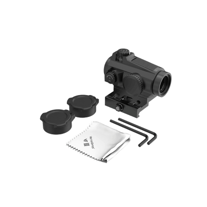 Lieferumfang des Maverick-II Plus Red Dot Sights inklusive Schutzkappen, Reinigungstuch und Werkzeug für einfache Montage und Pflege.
