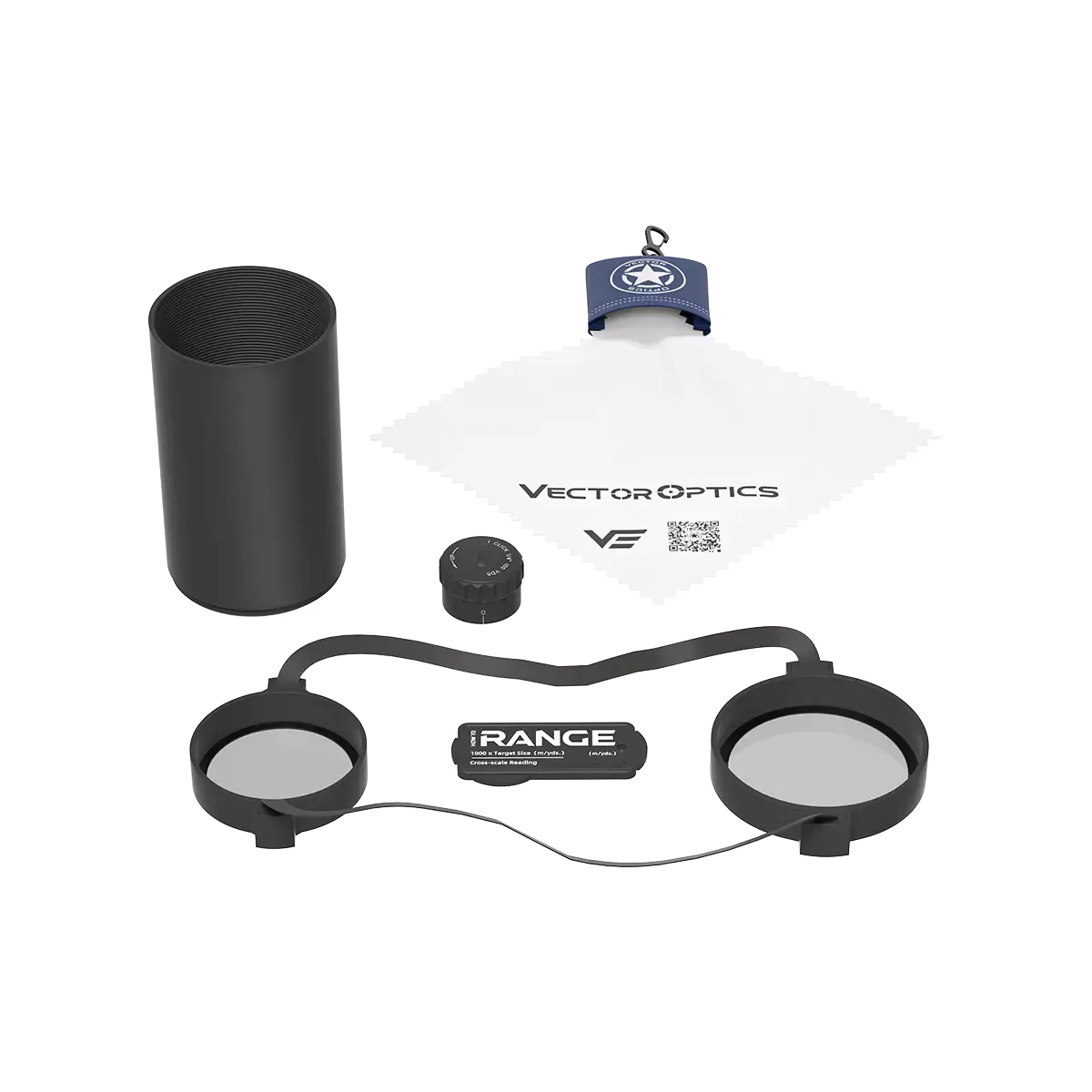 Lieferumfang des Vector Optics Continental x6 5-30x56 SFP Fiber SCOL-66 inklusive Schutzkappen, Reinigungstuch und Zubehör.