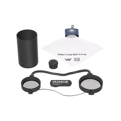 Lieferumfang des Vector Optics Continental x6 5-30x56 SFP Fiber SCOL-66 inklusive Schutzkappen, Reinigungstuch und Zubehör.