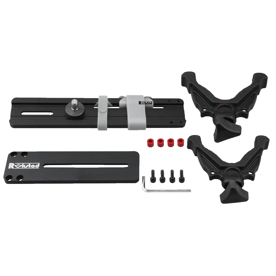 Komplettset der Auflage für Tri-Bipods mit V-Mounts, Montageschiene und Zubehörteilen, passend für 1/4''-20 Gewinde und RokStad Tripods.