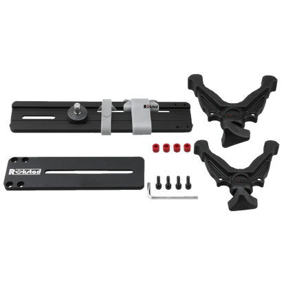 Komplettset der Auflage für Tri-Bipods mit V-Mounts, Montageschiene und Zubehörteilen, passend für 1/4''-20 Gewinde und RokStad Tripods.