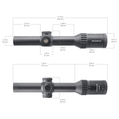 Technische Zeichnung des Continental X8 Zielfernrohrs mit genauen Abmessungen für Montage und Kompatibilität.