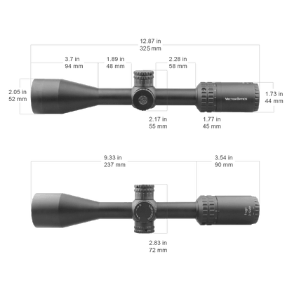 Technische Zeichnung des Hugo 3–12×44 SFP Zielfernrohrs mit Maßangaben zur Länge und Position der Bedienelemente für Montageplanung.