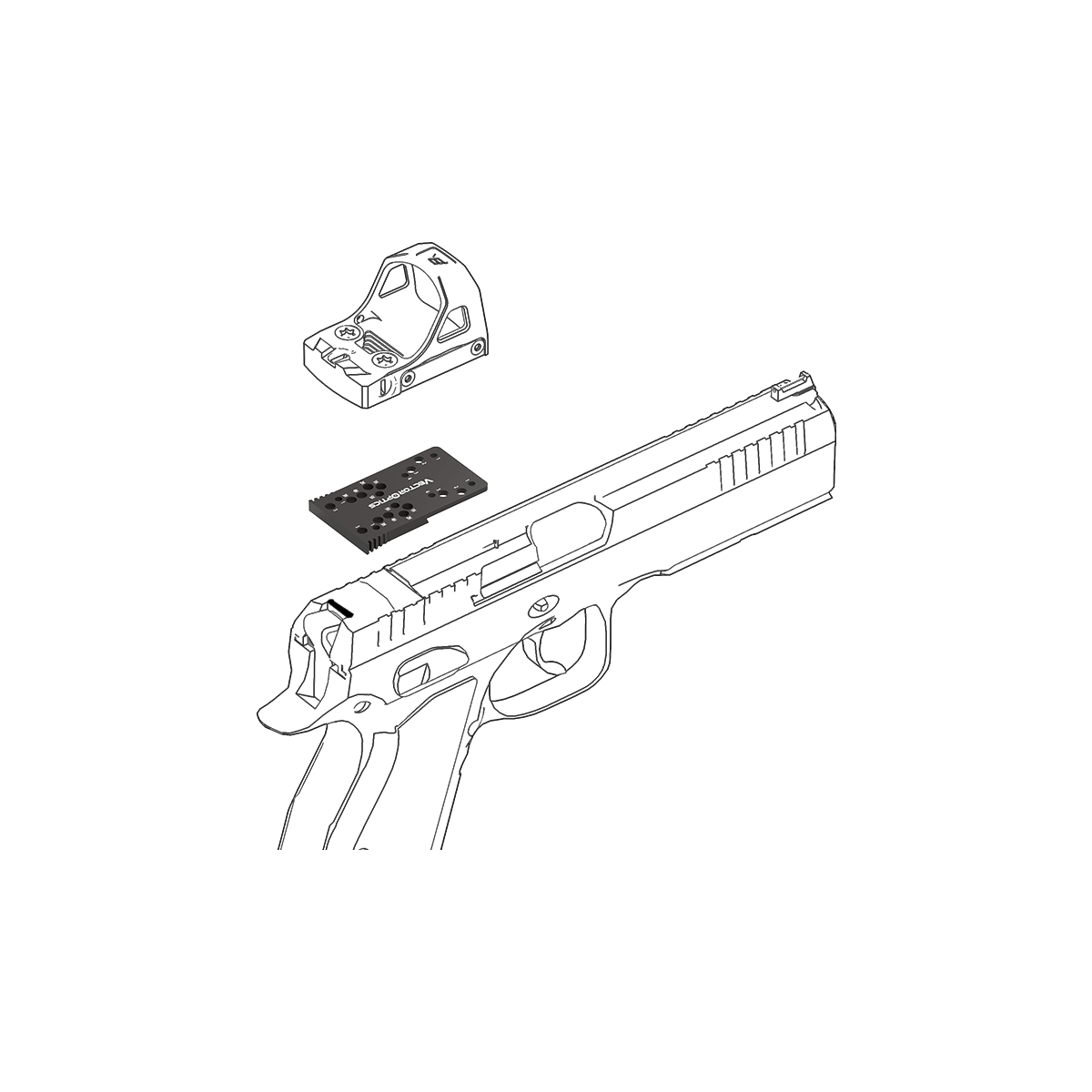 Explosionszeichnung der Montageplatte SCFRM-21 mit Red-Dot und CZ Shadow Pistole, zeigt einfache Installation des Red-Dot Adapters.