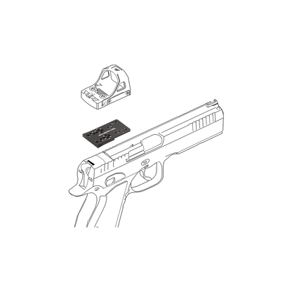 Explosionszeichnung der Montageplatte SCFRM-21 mit Red-Dot und CZ Shadow Pistole, zeigt einfache Installation des Red-Dot Adapters.