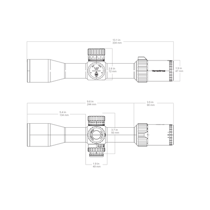 Technische Zeichnung des Tauron Zielfernrohrs 4-16x44 HD MOA FFP mit Maßangaben. Übersicht für Montage und Kompatibilität mit Waffen.