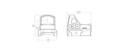 Technische Zeichnung des Frenzy-S 1×17×21 GenII Reflexvisiers mit Maßangaben, ideal für Waffenmontage und Optikplanung.