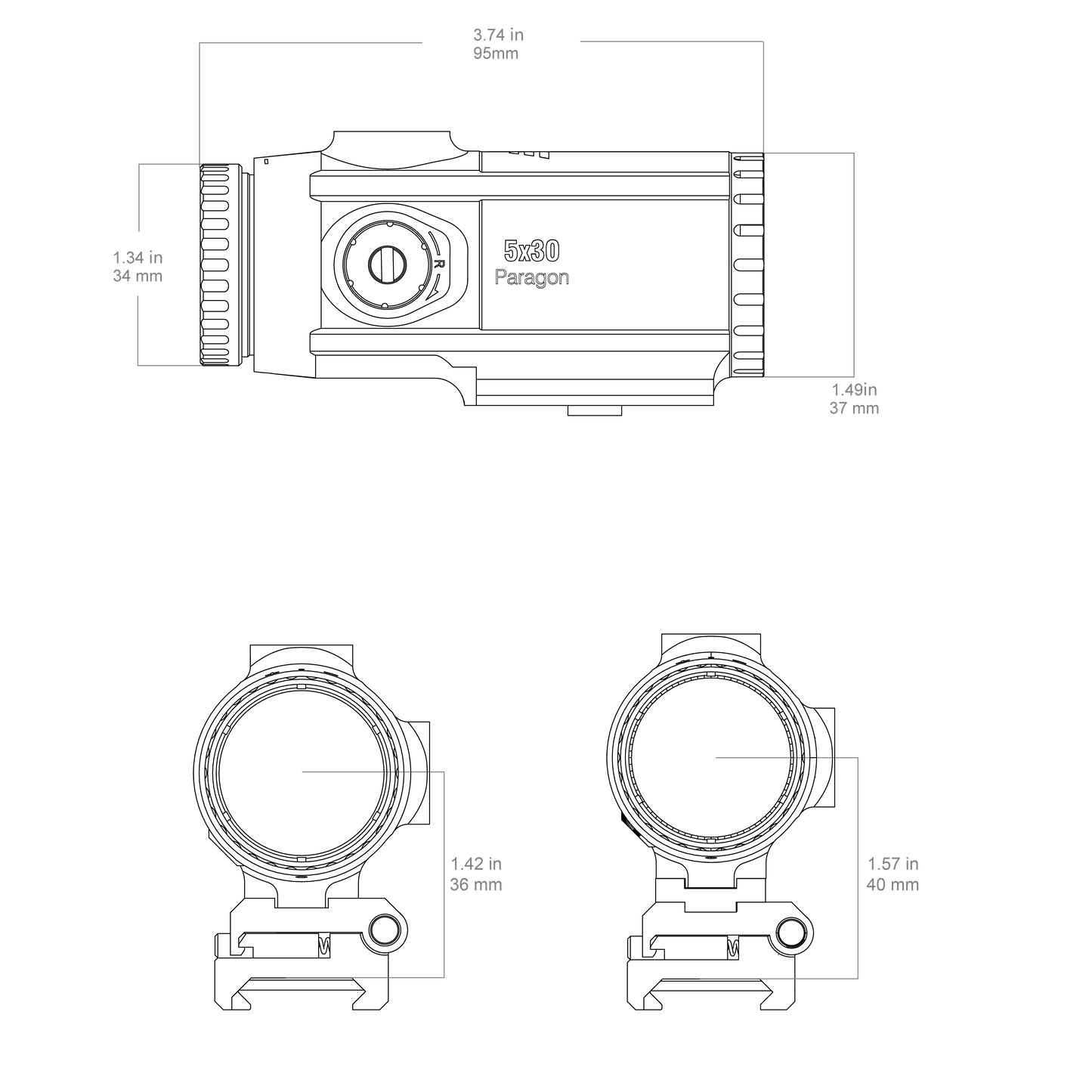 Technische Zeichnung des 5x Magnifier Paragon SCMF-34 mit genauen Abmessungen für präzise Planung der Waffenmontage.