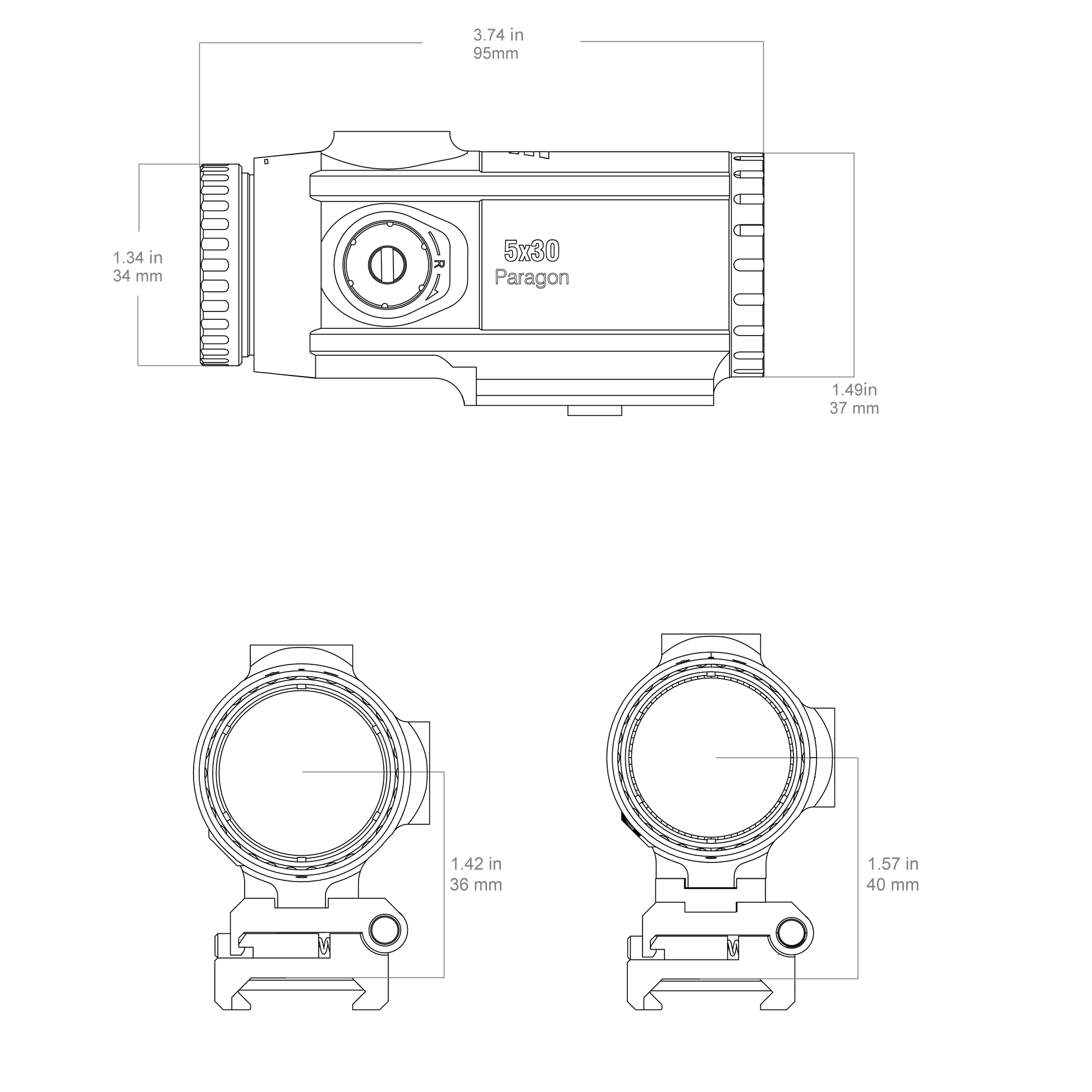 Technische Zeichnung des 5x Magnifier Paragon SCMF-34 mit genauen Abmessungen für präzise Planung der Waffenmontage.