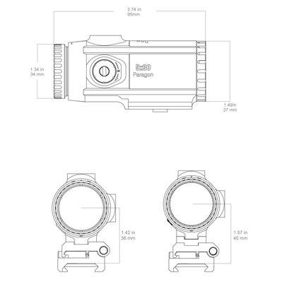 Technische Zeichnung des 5x Magnifier Paragon SCMF-34 mit genauen Abmessungen für präzise Planung der Waffenmontage.