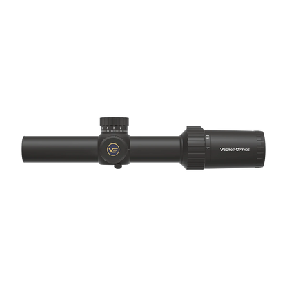 Seitliche Ansicht des Vector Optics Tauron 1-6x24 FFP Zielfernrohrs mit kompaktem Design und klarer Skalierung für präzise Einstellungen.