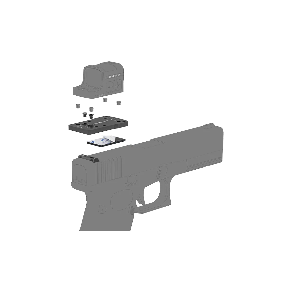 Explosionsdarstellung des SCFRM-GK11 Universaladapters für Glock Pistolen mit Optiken-Montage, zeigt einfache Installation.