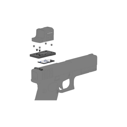 Explosionsdarstellung des SCFRM-GK11 Universaladapters für Glock Pistolen mit Optiken-Montage, zeigt einfache Installation.