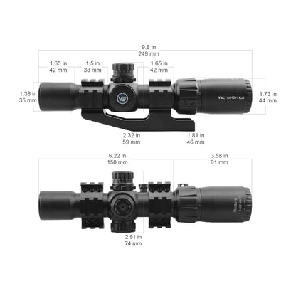 Technische Maße des Mustang 1-4×30 SFP Zielfernrohrs mit detaillierten Längenangaben für optimale Montageplanung.