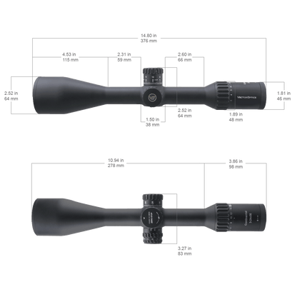 Technische Zeichnung des Vector Optics Continental x8 Zielfernrohrs mit genauen Abmessungen für Montage und Kompatibilität.