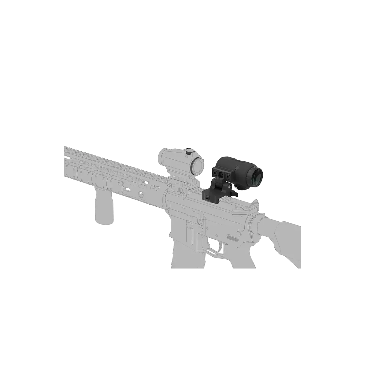 Rückansicht des Maverick-IV 3x22 Magnifier auf Gewehr, zeigt Kompatibilität mit verschiedenen Zieloptiken.
