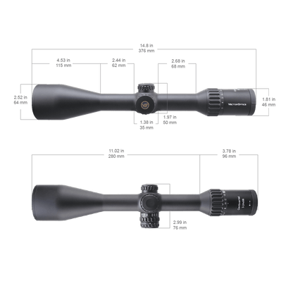 Technische Zeichnung des Continental x8 3-24x56 SFP Zielfernrohrs mit Maßangaben zur Montage und Anpassung an Jagdgewehre.