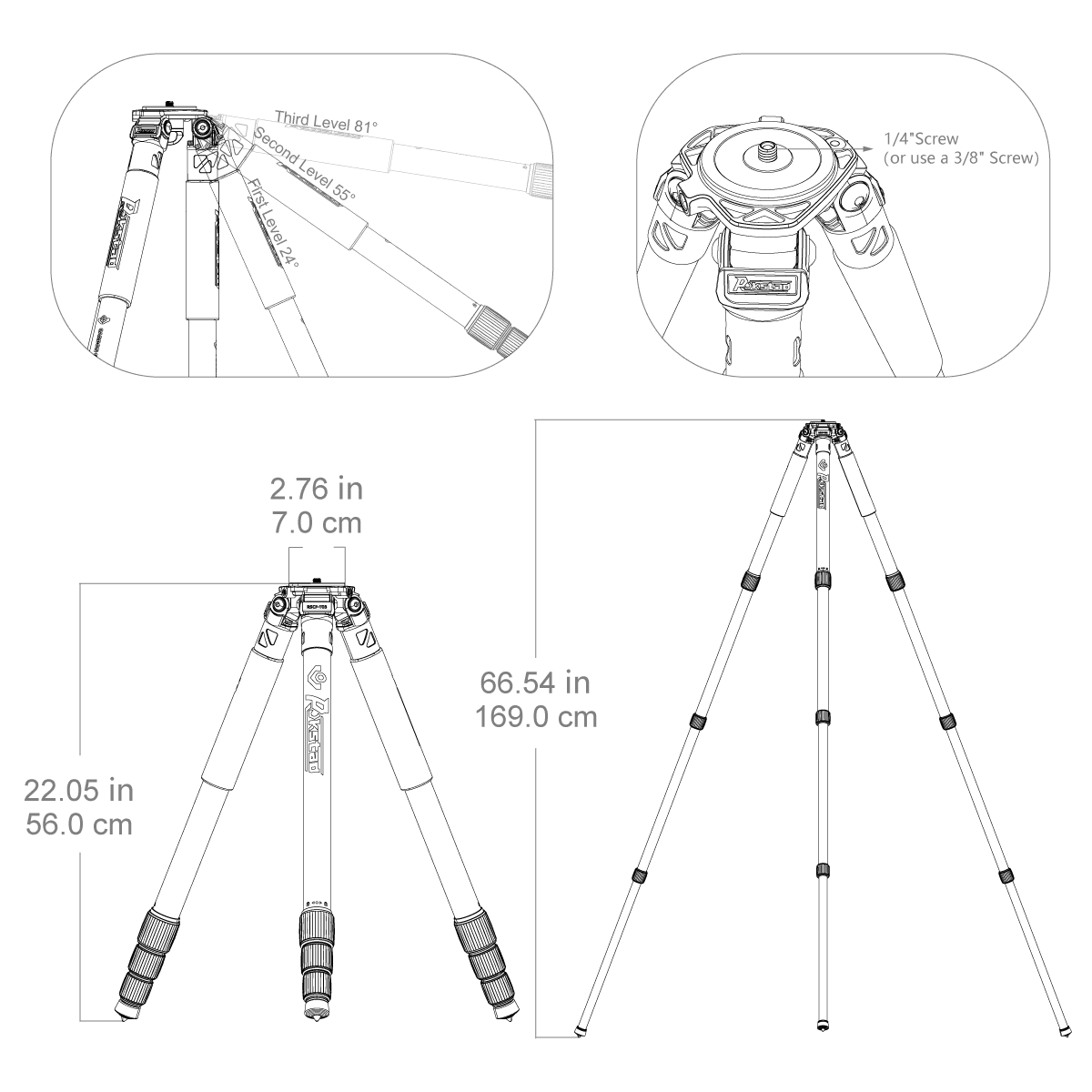 Technische Zeichnung des Carbon Stativs RSCF-T03 mit Maßen und Details zur Schraubbefestigung, ideal für professionelle Anwendungen.