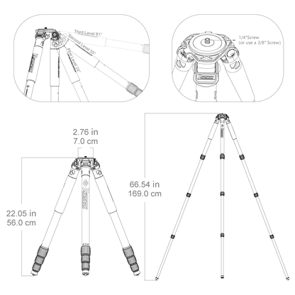 Technische Zeichnung des Carbon Stativs RSCF-T03 mit Maßen und Details zur Schraubbefestigung, ideal für professionelle Anwendungen.