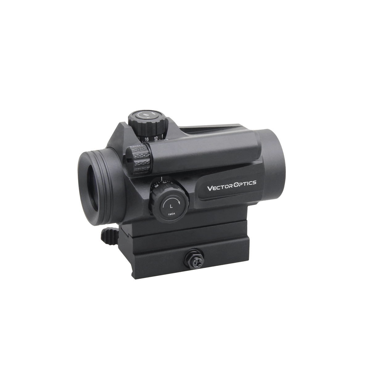 Seitliche Ansicht des Nautilus 1x30 Red Dot Visiers mit Vector Optics Logo, robustes Gehäuse für präzise Zieloptik bei jeder Witterung.