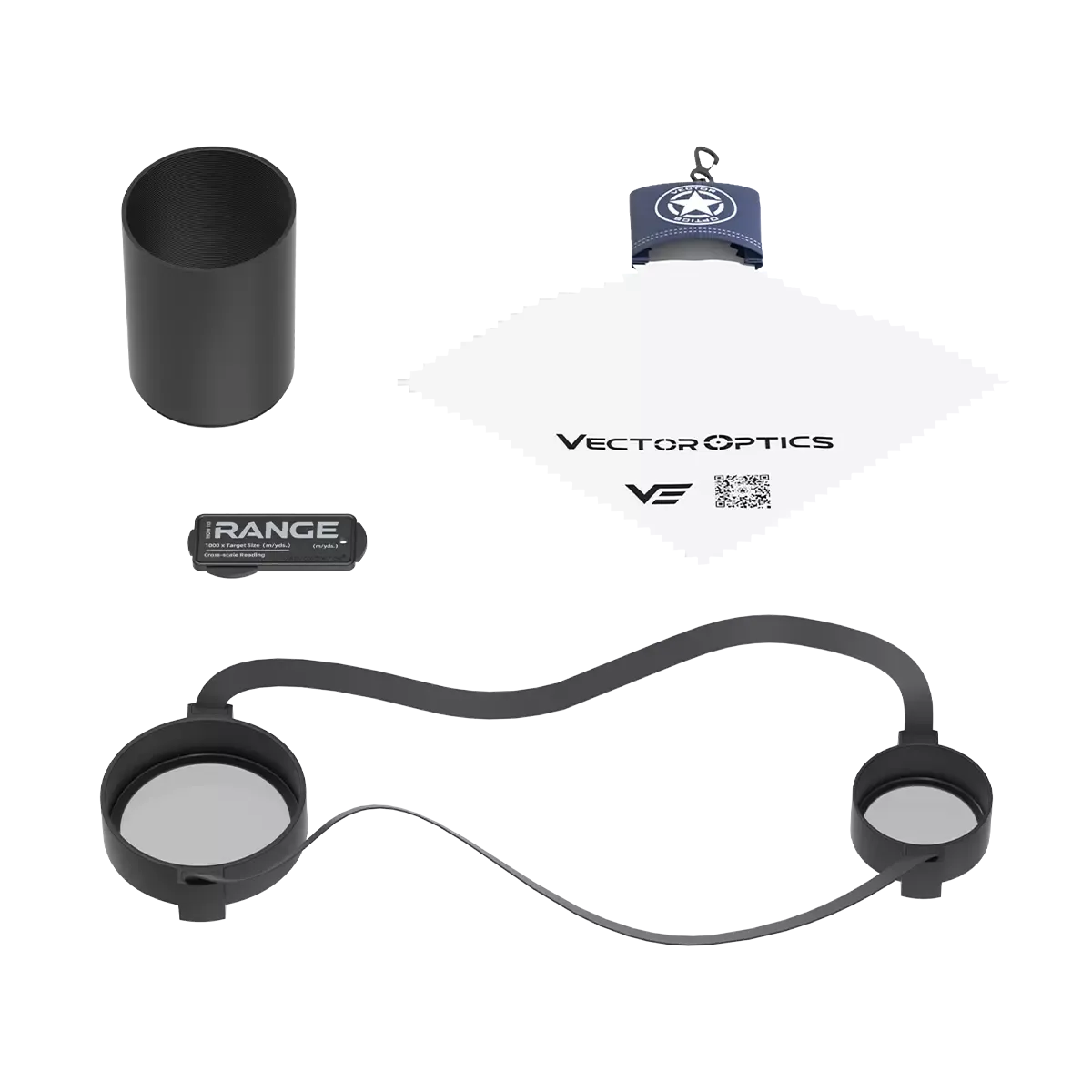 Lieferumfang des Tauron Zielfernrohrs 4-16x44 HD MOA FFP inklusive Schutzkappen, Reinigungstuch und Zubehör. Komplettes Set für den Einsatz.