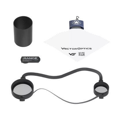 Lieferumfang des Tauron Zielfernrohrs 4-16x44 HD MOA FFP inklusive Schutzkappen, Reinigungstuch und Zubehör. Komplettes Set für den Einsatz.