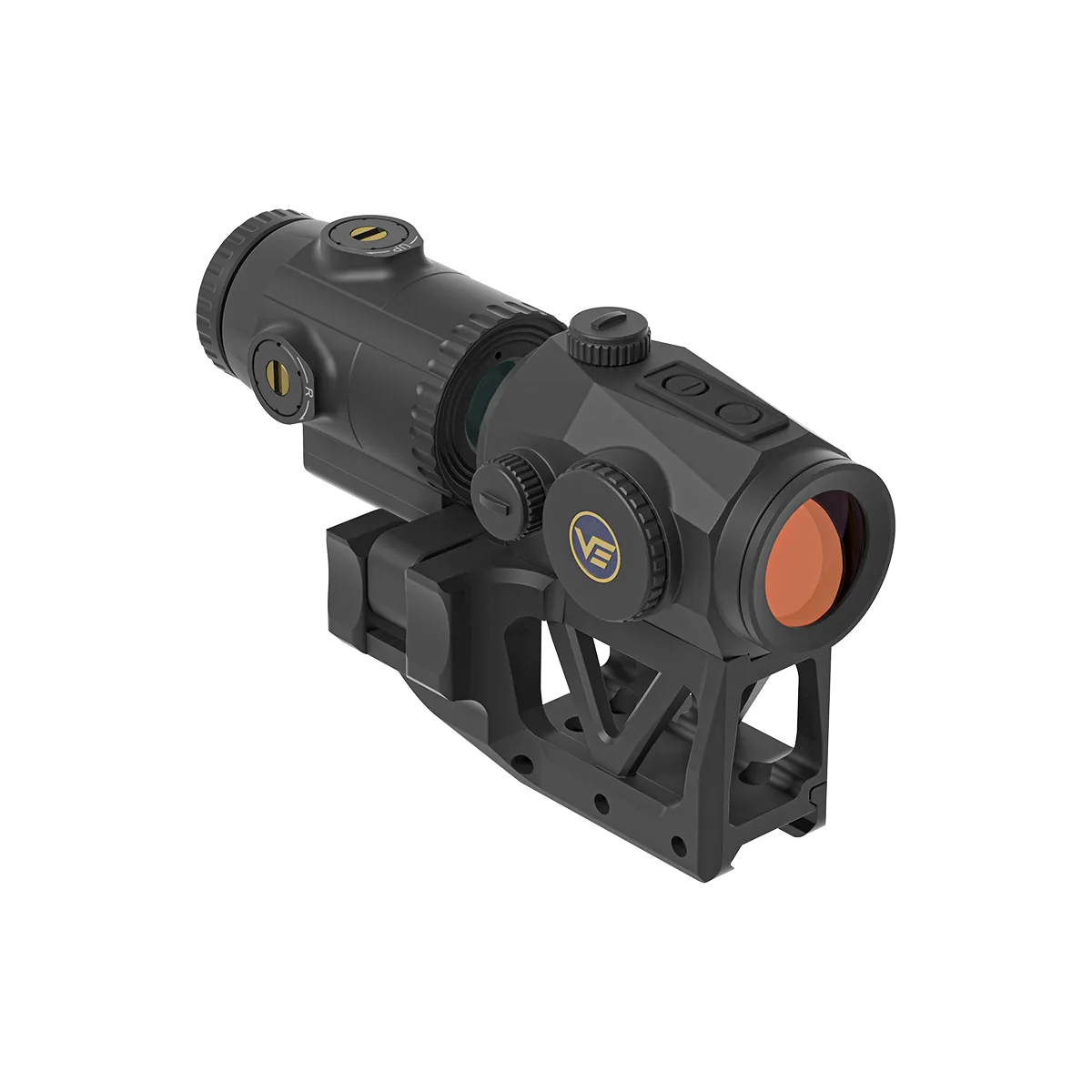 Scrapper Red Dot mit montierter Paragon Flip-Montage und Magnifier, perfekte Ausrichtung für taktische Anwendungen.