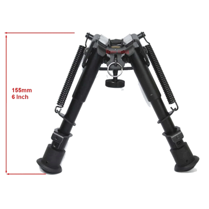 Taktisches Zweibein Aluminium SCBPB-01 mit 155 mm Höhe, stufenverstellbar und kompakt für präzise Waffenunterstützung im Gelände.