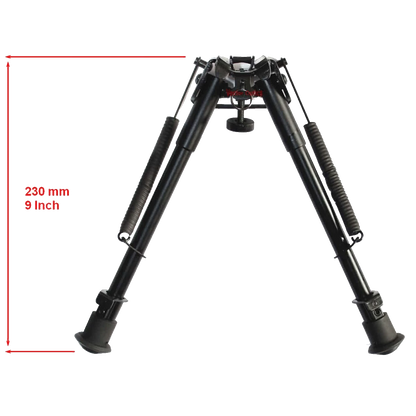 Zweibein Aluminium SCBPB-02 mit 230 mm Höhe, ideal für taktische Waffenunterstützung, verstellbare Beine und rutschfeste Gummifüße.