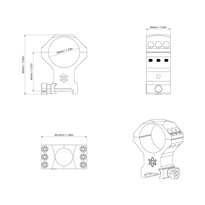Maßzeichnung der Alu-Ringe X-Accu - 34mm Zielfernrohr Ringe mit 40mm Höhe, ideal für technische Planung und Kompatibilitätsprüfung.