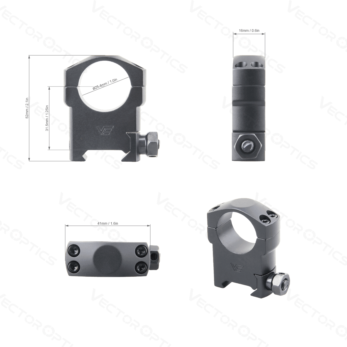 Aluminium Zielfernrohr Ringe in verschiedenen Ansichten, passend für 21-mm Picatinny-Schienen, aus 6061-T6 für präzisen und sicheren Halt.