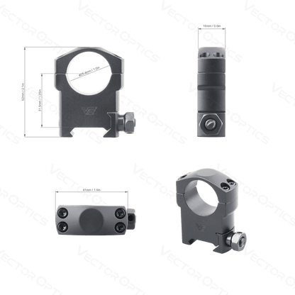 Aluminium Zielfernrohr Ringe in verschiedenen Ansichten, passend für 21-mm Picatinny-Schienen, aus 6061-T6 für präzisen und sicheren Halt.