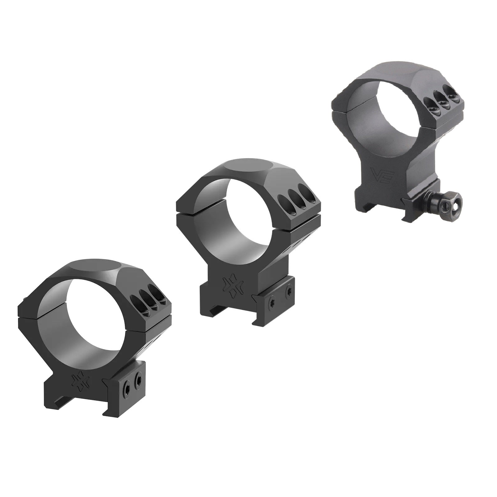 Alu-Ringe X-Accu - 34mm Zielfernrohr Ringe in 40mm Höhe aus 6063-T6-Aluminium, kompatibel mit Picatinny-Schienen, in drei Varianten dargestellt.