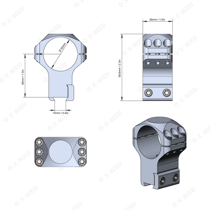 Technische Zeichnung der Alu-Ringe X-Accu in 38mm Höhe, 30mm Tubus, 11mm Dovetail, ideal für hohe Optik-Montage mit sicherem Halt.