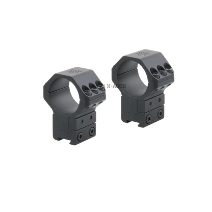 Zwei höhenverstellbare Zielfernrohr-Ringe X-Accu XASR-3055 aus Aluminium, optimiert für Schussfestigkeit und einfache Montage.