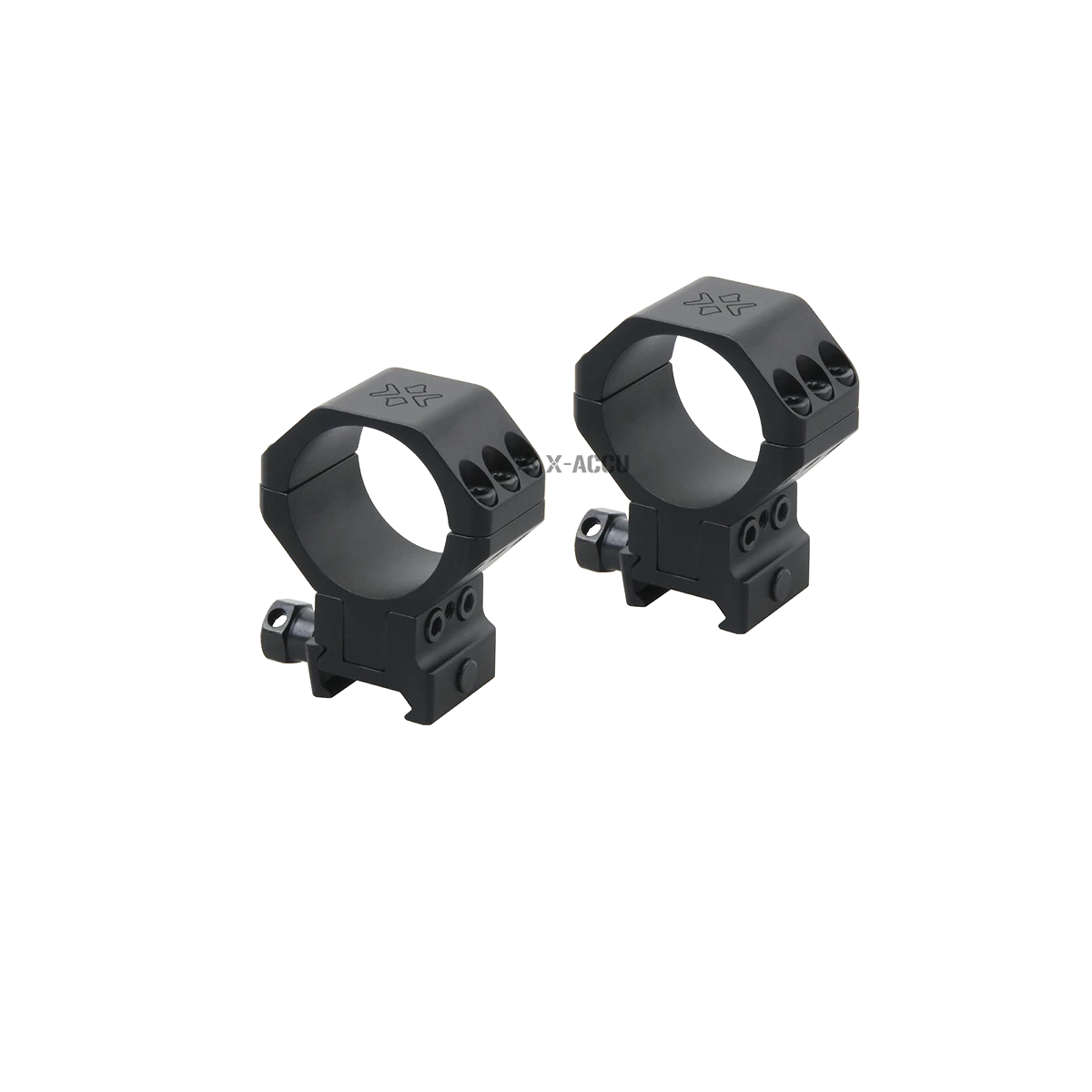 Alu-Ringe X-Accu höhenverstellbar in schwarzer Ausführung, Modell XASR-3050, für präzise Optikmontage auf Picatinny-Schienen.