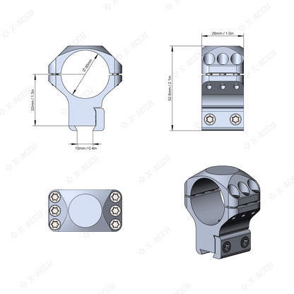 Technische Zeichnung der Alu-Ringe X-Accu in 32mm Höhe, 30mm Tubus, 11mm Dovetail, zeigt Maße und Details für präzise Zielfernrohrmontage.