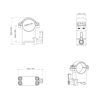 Technische Zeichnung des hohen Stahlrings mit QD in 32 mm Höhe. Detaillierte Maße für optimale Zielfernrohr-Montage auf 21 mm Picatinny-Schienen.