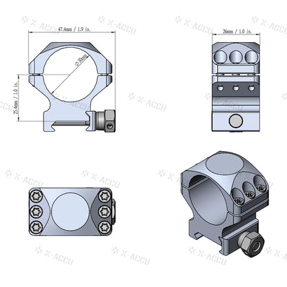 Technische Zeichnung der Alu-Ringe X-Accu 30mm Montageringe mit präzisen Maßen für Picatinny-Zielfernrohrmontage, gefertigt aus 6061-T6 Aluminium.