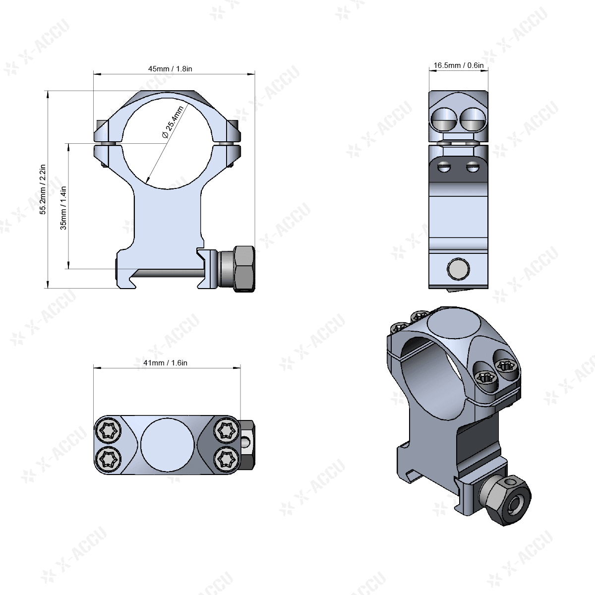 Technische Zeichnung des 25.4mm Montagerings mit 35mm Höhe. Hochwertige Picatinny Montageringe aus 6061-T6 Alu für präzise Optikmontage.