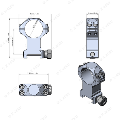 Technische Zeichnung des 25.4mm Montagerings mit 35mm Höhe. Hochwertige Picatinny Montageringe aus 6061-T6 Alu für präzise Optikmontage.